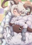  1girl animal_ears black_hair bodystocking closed_eyes closed_mouth coat crossover dall_sheep_(kemono_friends) eyebrows_visible_through_hair fur-trimmed_sleeves fur_trim gen_8_pokemon grey_hair hair_between_eyes head_rest highres horns hug kemono_friends kotobukkii_(yt_lvlv) long_hair multicolored_hair pokemon pokemon_(creature) pokemon_(game) pokemon_swsh sheep sheep_ears sheep_horns sheep_tail smile standing tail trait_connection two-tone_hair wavy_mouth wooloo 