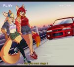  2020 absurd_res accessory anthro blonde_hair bottomwear butterfly_clip canid canine car city clothing duo english_text eyewear female female/female fennec fox glasses hair hair_accessory hairclip hi_res kaiyonato legwear mammal nissan nissan_gtr orange_hair racing_condition red_hair renneon retro shorts skirt skyline star stockings text thigh_highs vehicle 
