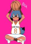  anthro ball basketball_(ball) basketball_uniform black_body black_fur black_hair blue_body blue_eyes blue_hair brand_new_animal brown_body brown_fur canid canine clothed clothing female fluffy fluffy_tail footwear fur hair holding_object looking_at_viewer mammal michiru_kagemori multicolored_eyes pink_background pink_eyes raccoon_dog shiro2patch shoes short_hair simple_background smile solo sportswear studio_trigger tanuki uniform 