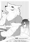  anthro canid canine canis clothing comic cooking duo female food fur greyscale hi_res human japanese_text kemono licking licking_lips lila_(kashiwagi_aki) looking_at_viewer looking_up male mammal monochrome salad soup sweater text tongue tongue_out topwear yakantuzura zinovy 