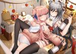  2girls alarm_clock animal_ear_fluff animal_ears antlers arknights armchair ass bandeau bangs bare_arms bare_shoulders bell black_legwear blush bottle bow box breasts brown_eyes camisole cat_ears ceylon_(arknights) chair chinese_commentary christmas_ornaments cleavage clock cloud_(11171819) commentary_request cup drinking_glass eyebrows_visible_through_hair fake_antlers feet_out_of_frame food gift gift_box hair_between_eyes hair_bow hair_bun hand_up heart holding holding_bottle hug indoors jacket long_hair long_sleeves looking_at_viewer multiple_girls no_shoes off_shoulder panties parted_lips pink_hair pink_jacket pizza pizza_box puffy_sleeves reclining scarf schwarz_(arknights) silver_hair sitting spaghetti_strap star thighhighs thighs underwear white_legwear white_panties white_scarf wooden_floor yellow_eyes yuri 