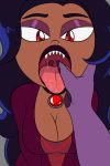  2:3 absurd_res anthro bernard_(ok_k.o.!_lbh) bodily_fluids breasts canid canine cartoon_network choker cleavage clothed clothing dark_skin duo eyeshadow female finger_fetish finger_in_mouth finger_play fingers first_person_view fur hi_res humanoid humanoid_on_anthro husband_and_wife izzyrain jewelry lipstick makeup male male/female mammal married_couple mouth_shot necklace not_furry_focus ok_k.o.!_let&#039;s_be_heroes open_mouth purple_body purple_fur red_eyes saliva sharp_teeth teeth tongue tongue_out uvula vampire were werecanid werecanine werewolf wilhamena 