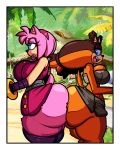  4:5 absurd_res amy_rose anthro ass_to_ass badger big_breasts border bottomwear breast_size_difference breasts clothing clothing_lift denizen1414 duo eulipotyphlan female female/female hedgehog hi_res looking_back looking_pleasured mammal mustelid musteline outside raised_clothing raised_skirt skirt sonic_boom sonic_the_hedgehog_(series) sticks_the_jungle_badger white_border 