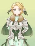  1girl armor blonde_hair cape closed_mouth fire_emblem fire_emblem:_three_houses gau_fe gloves gradient gradient_background green_background green_cape green_eyes green_gloves ingrid_brandl_galatea short_hair smile solo 