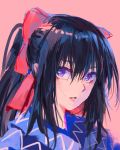  1girl black_hair blue_dress bow dress hair_between_eyes hair_bow looking_at_viewer noccu noihara_himari omamori_himari parted_lips pink_background ponytail purple_eyes red_bow simple_background solo 