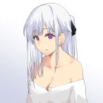  1girl aiming_at_viewer ak-12_(girls_frontline) bare_shoulders breasts cleavage collarbone defy_(girls_frontline) girls_frontline hair_ornament hair_ribbon highres long_hair looking_at_viewer mechanical_eye medium_breasts purple_eyes ribbon shirt silver_hair solo_focus talnory white_background white_shirt 