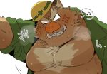  2020 anthro armor belly blush bodily_fluids brown_body brown_fur clothed clothing fur hard_hat headgear helmet hyaku_(artist) japanese_text kemono male mammal moobs open_shirt overweight overweight_male scar shirt simple_background solo suid suina sus_(pig) sweat text topwear white_background wild_boar 