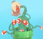  2019 absurd_res alternate_species blonde_hair blue_background blue_eyes breasts crown elemental_creature female flora_fauna green_body hair hi_res implied_transformation long_neck mario_bros menma911 navel nintendo nipple_mouth not_furry open_mouth pipe piranha_plant plant rosalina_(mario) simple_background solo super_mario_galaxy video_games 