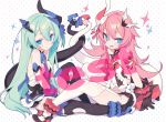  2girls :d absurdres asymmetrical_horns bangs bare_shoulders black_dress black_gloves black_legwear blade_(galaxist) blue_eyes blush bow breasts closed_mouth dress eyebrows_visible_through_hair fang flower garter_straps gloves green_hair hair_between_eyes hair_ornament highres honkai_(series) honkai_impact_3rd intertwined_tails liliya_olenyeva long_hair looking_at_viewer mechanical_horns mechanical_tail mismatched_gloves multiple_girls open_clothes open_dress open_mouth pink_hair polka_dot polka_dot_background red_bow red_flower red_rose rose rozaliya_olenyeva short_eyebrows siblings small_breasts smile sparkle symbol-shaped_pupils tail thick_eyebrows thighhighs twins very_long_hair watermark white_background white_legwear 