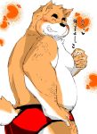  2020 anthro beard belly black_nose blush butt canid canine canis clothing domestic_dog eyes_closed facial_hair hi_res humanoid_hands japanese_text kemono male mammal moobs overweight overweight_male shintatokoro solo text underwear 