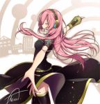  1girl aqua_nails asagao_minoru belt black_legwear black_shirt black_skirt circle cityscape closed_eyes commentary cowboy_shot double_lariat_(vocaloid) foreshortening from_side gold_trim headphones highres light_blush megurine_luka nail_polish open_mouth outstretched_arms pink_hair shirt signature single_sleeve skirt smile solo spinning thighhighs vocaloid zettai_ryouiki 
