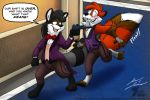  anthro blush bow_tie canid canine clothed clothing dialogue dipstick_tail duo emmy_(kjbat) english_text female fox looking_back male mammal multicolored_tail open_mouth reynard_(kjbat) slasher12 text 
