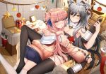  2girls alarm_clock animal_ear_fluff animal_ears antlers arknights armchair ass bandeau bangs bare_arms bare_shoulders bell black_legwear blue_shorts blush bottle bow box breasts brown_eyes camisole cat_ears ceylon_(arknights) chair chinese_commentary christmas_ornaments cleavage clock cloud_(11171819) commentary_request cup drinking_glass eyebrows_visible_through_hair fake_antlers feet_out_of_frame food gift gift_box hair_between_eyes hair_bow hair_bun hand_up heart holding holding_bottle hug indoors jacket long_hair long_sleeves looking_at_viewer multiple_girls no_shoes off_shoulder parted_lips pink_hair pink_jacket pizza pizza_box puffy_sleeves reclining scarf schwarz_(arknights) short_shorts shorts silver_hair sitting spaghetti_strap star thighhighs thighs white_legwear white_scarf wooden_floor yellow_eyes yuri 