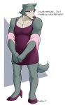  absurd_res anthro badroy beastars canid canine canis clothed clothing crossdressing embarrassed english_text eyeshadow footwear girly hi_res high_heels jewelry legoshi_(beastars) makeup male mammal muscular muscular_male necklace shoes solo text wolf 