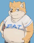  2020 anthro belly blue_background blue_eyes blush canid canine canis clothed clothing domestic_dog eyewear glasses hi_res humanoid_hands kemono kipchin_2nd00 male mammal navel open_shirt overweight overweight_male shirt simple_background solo text topwear 