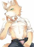  anthro belt black_bottomwear black_clothing black_pants blush bodily_fluids bottomwear brown_body brown_fur canid canine chung0_0 clothed clothing dress_shirt fox fox_mccloud fur green_eyes hi_res male mammal mouth_hold necktie nintendo nipples pants partially_clothed pink_nipples raised_clothing raised_shirt rolled_up_sleeves shirt simple_background solo star star_fox sweat sweatdrop topwear underwear undressing unzipping video_games white_background white_clothing white_shirt white_topwear 