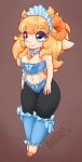  anthro bell blasticussaturn blonde_hair blue_eyes bovid breasts caprine chibi cleavage clothed clothing female goat hair headgear headwear hi_res horn looking_at_viewer mammal midriff simple_background solo 