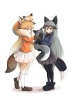  2girls absurdres blonde_hair blush bow bowtie commentary_request dragon_star2 eyebrows_visible_through_hair ezo_red_fox_(kemono_friends) fox grey_hair highres kemono_friends long_hair mary_janes multicolored_hair multiple_girls pleated_skirt shoes silver_fox_(kemono_friends) skirt smile tail thighhighs tsurime two-tone_hair white_background yellow_eyes 