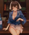  1girl blush breasts brown_eyes brown_hair cleavage closed_mouth commentary_request copyright_request counter head_scarf large_breasts long_hair long_sleeves looking_at_viewer noccu one_eye_closed ponytail sitting smile solo very_long_hair wide_sleeves 