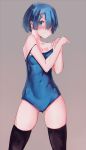  1girl ass_visible_through_thighs bare_arms bare_shoulders blue_eyes blue_hair blue_swimsuit breasts cleavage closed_mouth covered_navel grey_background hair_ornament hair_over_one_eye highres legs_apart looking_at_viewer noccu one-piece_swimsuit one_eye_covered re:zero_kara_hajimeru_isekai_seikatsu rem_(re:zero) school_swimsuit short_hair simple_background skin_tight skindentation solo standing strap_slip swimsuit thighhighs x_hair_ornament 