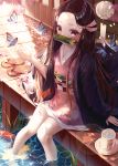  1girl absurdres bamboo bangs bit_gag blurry blurry_background blush brown_footwear brown_hair bug butterfly collarbone commentary cup day depth_of_field eumi_114 flower forehead gag hair_ribbon highres huge_filesize insect japanese_clothes kamado_nezuko kimetsu_no_yaiba kimono long_hair long_sleeves looking_at_viewer mouth_hold mug open_clothes outdoors parted_bangs petals petals_on_liquid pink_flower pink_kimono pink_ribbon reflection ribbon ripples saucer sitting sleeves_past_wrists soaking_feet solo sunlight very_long_hair water wet wide_sleeves wind_chime zouri 