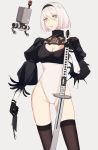  1girl absurdres blindfold blue_eyes breasts concept_art exercise game highres hot legs nier_(series) nier_automata short_hair yorha_no._2_type_b 