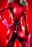  1girl ass bodysuit from_behind full-length_zipper gloves hand_on_hip head_out_of_frame highres latex long_hair ozkh persona persona_5 pink_gloves red_background red_bodysuit simple_background solo takamaki_anne twintails zipper 
