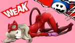  1girl absurdres ass bangs blue_eyes bodysuit boots cat_mask cat_tail catsuit dazed defeat fake_tail full-length_zipper gloves hair_ornament heart heart-shaped_pupils high_heel_boots high_heels highres jack_frost latex ozkh parted_lips persona persona_5 pink_background pink_gloves platinum_blonde_hair red_bodysuit red_footwear revision simple_background swept_bangs symbol-shaped_pupils tail takamaki_anne thigh_boots thighhighs top-down_bottom-up twintails zipper 