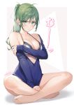  1girl ahoge bare_shoulders barefoot between_legs bikini bikini_top blue_jacket breasts cleavage closed_mouth collarbone commentary_request frown green_eyes green_hair hair_ribbon halter_top halterneck highres indian_style jacket long_hair long_sleeves looking_at_viewer medium_breasts off_shoulder original partially_unzipped ponytail ribbon sidelocks signature sitting solo sweat swimsuit thighs toes tokki v-shaped_eyebrows white_bikini 