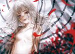  1girl bangs breasts collarbone delia740 facial_tattoo flower grey_eyes grey_hair highres long_hair looking_at_viewer nude original red_flower see-through small_breasts smile solo spider_lily tattoo upper_body wavy_hair 