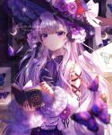  1girl absurdres black_ribbon blurry_foreground bug butterfly commission floating_hair highres holding horns indoors insect long_hair original parted_lips purple_eyes ribbon shiny shiny_hair silver_hair slit_pupils solo standing takano_jiyuu twitter_username very_long_hair watermark 
