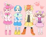  2boys 2girls animal_ears bunny_ears bunny_tail capelet cat_ears dog_ears dog_tail fang fur_collar gloves healin&#039;_good_precure healing_animal highres jacket latte_(precure) multiple_boys multiple_girls nyatoran_(precure) pegitan_(precure) personification precure rabirin_(precure) ridoro sailor_collar tail 