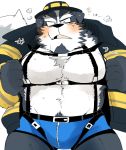  2020 anthro barazoku black_body black_fur blush bodily_fluids bulge canid canine canis clothing domestic_dog firefighter fur hat headgear headwear humanoid_hands hyaku_(artist) kemono male mammal simple_background solo sweat underwear white_background white_body white_fur 