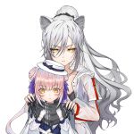  2girls absurdres animal_ear_fluff animal_ears arknights bangs black_bow black_scarf blush bow cat_ears ceylon_(arknights) cloud_(11171819) double_bun eyebrows_visible_through_hair gloves hair_between_eyes hands_up hat hat_bow highres jacket long_hair long_ponytail long_sleeves looking_at_viewer multiple_girls pink_hair ponytail scarf schwarz_(arknights) silver_hair simple_background upper_body white_background white_gloves white_headwear white_jacket yellow_eyes younger 
