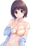  1girl :o bare_shoulders black_eyes blue_shirt bra breasts brown_hair cleavage collarbone dress_shirt hand_up highres large_breasts looking_at_viewer navel off_shoulder open_clothes open_shirt original parted_lips pasdar polka_dot shirt short_hair simple_background solo stomach strap_slip underwear upper_body white_background yellow_bra 