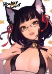  1girl animal_ear_fluff animal_ears artist_name bangs bare_shoulders bell bell_collar bikini black-framed_eyewear black_bikini black_hair blunt_bangs breasts brown_eyes character_name collar commentary english_commentary glasses hair_bell hair_ornament hair_ribbon hands_up head_tilt highres jingle_bell lips looking_at_viewer optionaltypo parted_lips real_life red_ribbon ribbon rocksylight semi-rimless_eyewear short_hair simple_background small_breasts solo swimsuit under-rim_eyewear upper_body white_background 