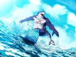  5_fingers anthro blue_body blue_sky bottomwear clothed clothing cloud fingers fish green_bottomwear green_clothing hi_res lower male marine nipples open_mouth pecs red_eyes scar shark sky solo surfboard surfing swimwear tokyo_afterschool_summoners topless typhon vehicle video_games water watercraft 