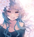  1girl bangs blue_hair blurry cherry_blossoms collarbone crying crying_with_eyes_open dappled_sunlight day depth_of_field eyelashes floating_hair flower flower_in_mouth hair_flower hair_ornament highres long_hair looking_at_viewer original parted_lips petals pink_flower ragi_(diabolik_angle) red_eyes smile solo sunlight tears upper_body 