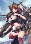  1girl absurdres artist_name black_skirt breasts brown_eyes brown_hair caiman-pool cleavage gloves headgear highres kantai_collection large_breasts looking_at_viewer midriff mutsu_(kantai_collection) navel ocean outdoors pleated_skirt red_legwear remodel_(kantai_collection) rigging short_hair shrug_(clothing) skirt solo striped striped_skirt thighhighs turret white_gloves 