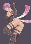  1girl :o arm_guards ass ayane_(doa) bangs bare_shoulders black_gloves black_legwear boots breasts dead_or_alive elbow_gloves fingerless_gloves fishnets gloves high_heel_boots high_heels highres large_breasts leotard looking_at_viewer looking_back ninja open_mouth popo_agaga purple_footwear purple_hair red_eyes sash shin_guards short_hair sideboob thigh_strap thighhighs upper_teeth 