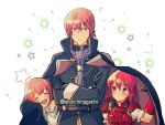  1boy 2girls armor brother_and_sister cape closed_eyes closed_mouth crossed_arms fire_emblem fire_emblem:_mystery_of_the_emblem fire_emblem_heroes hairband headband highres long_sleeves maria_(fire_emblem) michalis_(fire_emblem) minerva_(fire_emblem) multiple_girls nishimura_(nianiamu) open_mouth red_eyes red_hair short_hair siblings sisters star twitter_username younger 