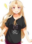  ! 1girl bangs black_shirt blonde_hair blush breasts chata_maru_(irori_sabou) collarbone commentary_request ereshkigal_(fate/grand_order) eyebrows_visible_through_hair fate/grand_order fate_(series) highres jewelry long_hair looking_at_viewer open_mouth parted_bangs red_eyes red_shorts shirt short_sleeves shorts simple_background solo sportswear white_background 