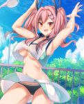  1girl :d armpits arms_up ass_visible_through_thighs azur_lane bangs bare_legs bare_shoulders black_panties blue_sky blush breasts bremerton_(azur_lane) bremerton_(scorching-hot_training)_(azur_lane) cleavage cloud collarbone collared_shirt commentary_request cowboy_shot crop_top crop_top_overhang day eyebrows_visible_through_hair green_skirt grey_hair hair_between_eyes hair_intakes hair_ornament hairclip highres lamppost large_breasts long_hair looking_at_viewer lower_teeth midriff multicolored_hair navel no_mole open_mouth outdoors panties pantyshot pink_eyes pink_hair plant railing shirt shirt_lift sidelocks skirt skirt_lift sky sleeveless sleeveless_shirt smile solo sportswear standing streaked_hair ten. tennis_uniform twintails two-tone_hair two-tone_shirt two-tone_skirt underboob underwear white_shirt white_skirt wind wind_lift x_hair_ornament 
