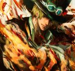  1boy ascot black_headwear blonde_hair closed_mouth collar fire goggles goggles_on_headwear hat highres looking_at_viewer male_focus one_piece sabo_(one_piece) scar short_hair solo top_hat torapunch upper_body white_neckwear 