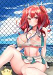  1girl absurdres arm_behind_back azur_lane bangs bare_legs bare_shoulders beach bird blue_sky blush breasts bremerton_(azur_lane) bremerton_(scorching-hot_training)_(azur_lane) chain-link_fence chick cleavage cloud collarbone collared_shirt commentary_request covered_nipples cowboy_shot crop_top crop_top_overhang day eyebrows_visible_through_hair fence green_skirt grey_hair groin hair_between_eyes hair_intakes hair_ornament hairclip hand_on_own_knee heart heart_necklace highres knee_up large_breasts lens_flare light_rays long_hair looking_at_viewer manjuu_(azur_lane) midriff miniskirt multicolored_hair navel no_mole ocean outdoors pink_eyes pink_hair sand see-through shirt sidelocks sitting skirt sky sleeveless sleeveless_shirt smile solo_focus sportswear streaked_hair sunbeam sunlight sweat tennis_uniform twintails two-tone_hair two-tone_shirt two-tone_skirt wet wet_clothes wet_shirt white_shirt white_skirt x_hair_ornament yuu_makoto 