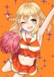  1girl ;d arm_up armpits bare_legs bare_shoulders blonde_hair blush braid cheerleader crop_top crop_top_overhang fuyuki_noel green_eyes grimoire_~shiritsu_grimoire_mahou_gakuen~ groin highres holding_pom_poms kamidanomi leg_up long_hair looking_at_viewer midriff miniskirt navel one_eye_closed open_mouth orange_background orange_shirt orange_skirt pom_poms sailor_collar shirt skirt sleeveless sleeveless_shirt smile solo sparkle_background twin_braids 