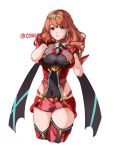  1girl blush breasts celica_(fire_emblem) conope cosplay covered_navel cowboy_shot earrings fingerless_gloves fire_emblem fire_emblem_echoes:_shadows_of_valentia gloves headpiece homura_(xenoblade_2) homura_(xenoblade_2)_(cosplay) jewelry large_breasts long_hair orange_eyes orange_hair short_shorts shorts simple_background smile solo thighhighs tiara white_background xenoblade_(series) xenoblade_2 