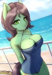  absurd_res anthro beach big_breasts breasts cleavage clothed clothing equid equine female green_body green_eyes hi_res horse mammal mintjuice my_little_pony one-piece_swimsuit pony seaside solo swimwear 