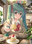  1girl banned_artist blush bow brown_sweater cake chair closed_mouth collared_shirt commentary_request cup day dress_shirt feeding food fork green_eyes green_hair hair_ribbon hatsune_miku highres holding holding_fork indoors long_hair long_sleeves looking_at_viewer menu plant potted_plant red_bow red_ribbon ribbon sakura_miku saucer shelf shirt sitting sleeves_past_wrists slice_of_cake smile solo sweater table teacup twintails very_long_hair vocaloid white_shirt window yuuka_nonoko 