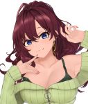  1girl :3 absurdres ahoge bangs blue_eyes blush breasts brown_hair cleavage closed_mouth collarbone earrings green_sweater green_tank_top highres ichinose_shiki idolmaster idolmaster_cinderella_girls jewelry lamp_p9 large_breasts lips long_hair long_sleeves looking_at_viewer off-shoulder_sweater off_shoulder red_nails ribbed_sweater smile solo strap_slip sweater tank_top wavy_hair zipper 